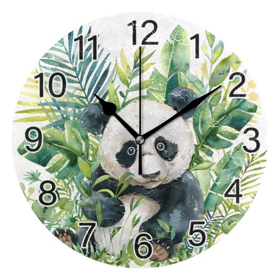 Ryvnso Panda in Palm Leaves Wall Clock Non Ticking Silent Kitchen Clock Battery Operated Clocks 10 inch