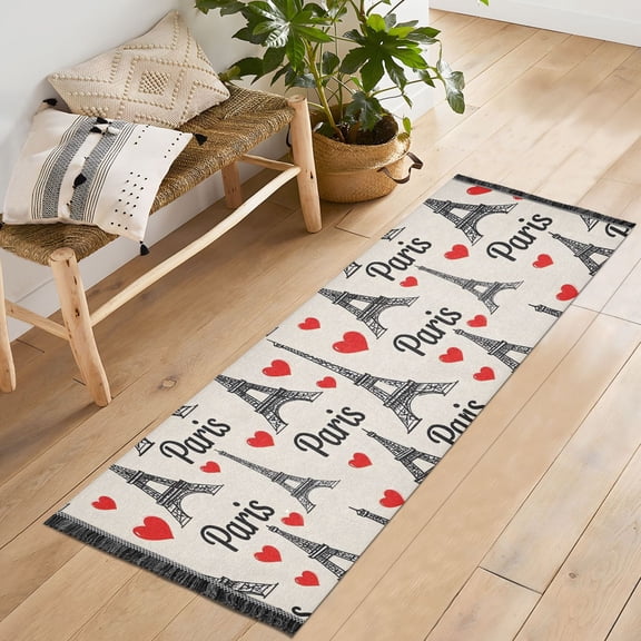 Ryvnso Paris Tower Hearts Bedroom Runner Rug 2'x6' Hallway Area Carpet Non Slip Entryway Mat with Tassels