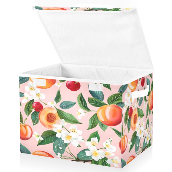 Ryvnso Peach and Cherry Flower Large Lidded Foldable Storage Baskets Cubes Boxes Lids Bin for Home