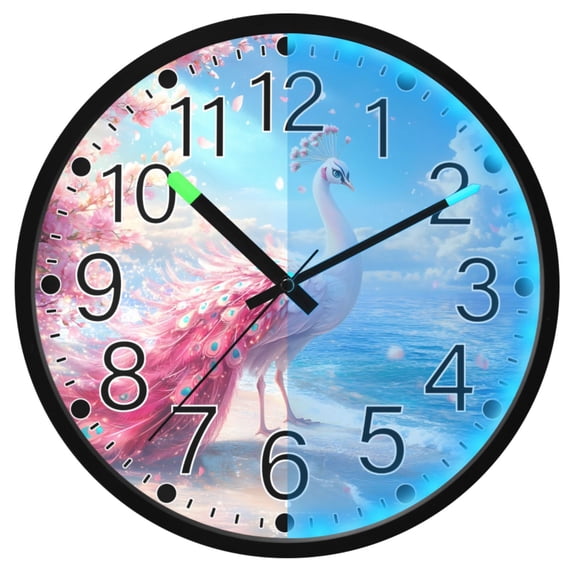 Ryvnso Peacock Beach 12 Inch Night Light Wall Clock Silent Battery Operated Luminous Clocks