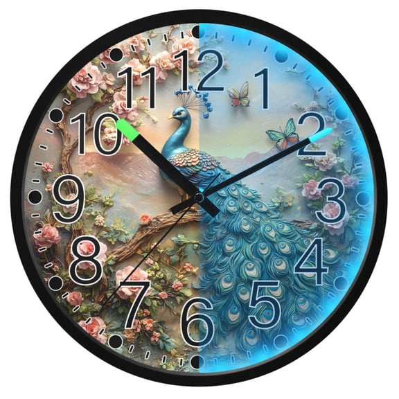 Ryvnso Peacock Butterfly Floral 12 Inch Night Light Wall Clock Silent Battery Operated Luminous Clocks