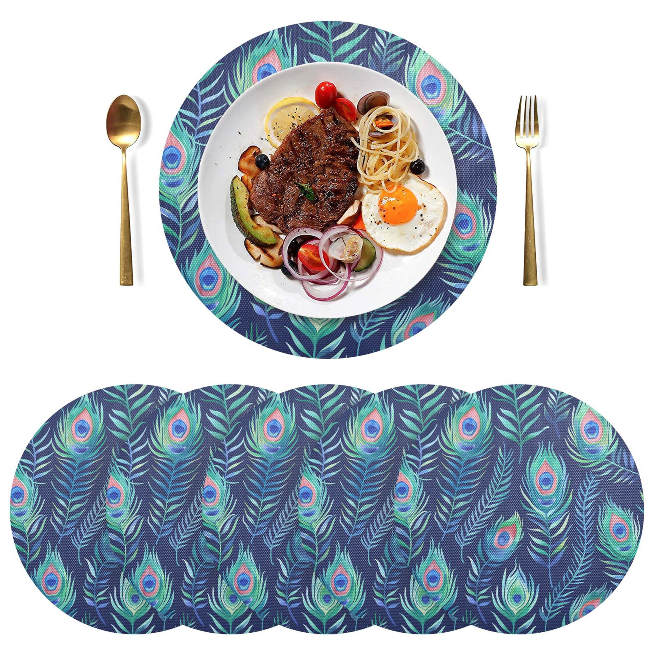Ryvnso Peacock Feathers Artistic Round Plate Mats Dining Table Placemat ...