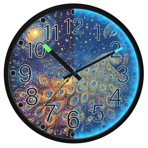 Ryvnso Peacock Oil Paint 12 Inch Night Light Wall Clock Silent Battery Operated Luminous Clocks