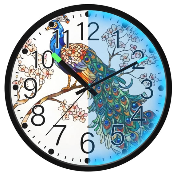 Ryvnso Peacock on Branch 12 Inch Night Light Wall Clock Silent Battery Operated Luminous Clocks