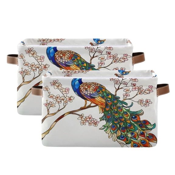 Ryvnso Peacock on Branch Storage Basket Large Bin Foldable Boxes Toys Organizer 14.2x10.2x8.3in 2 PCs