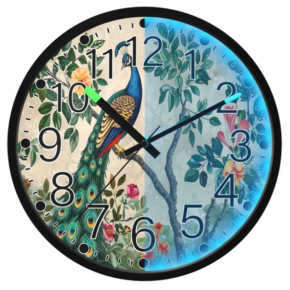 Ryvnso Peacock on Tree 12 Inch Night Light Wall Clock Silent Battery Operated Luminous Clocks