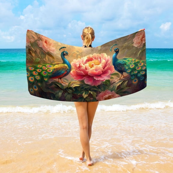 Ryvnso Peacocks Peony Flower Oversized Beach Towel Microfiber Bath Blankets Swimming Fitness 37" x 74"