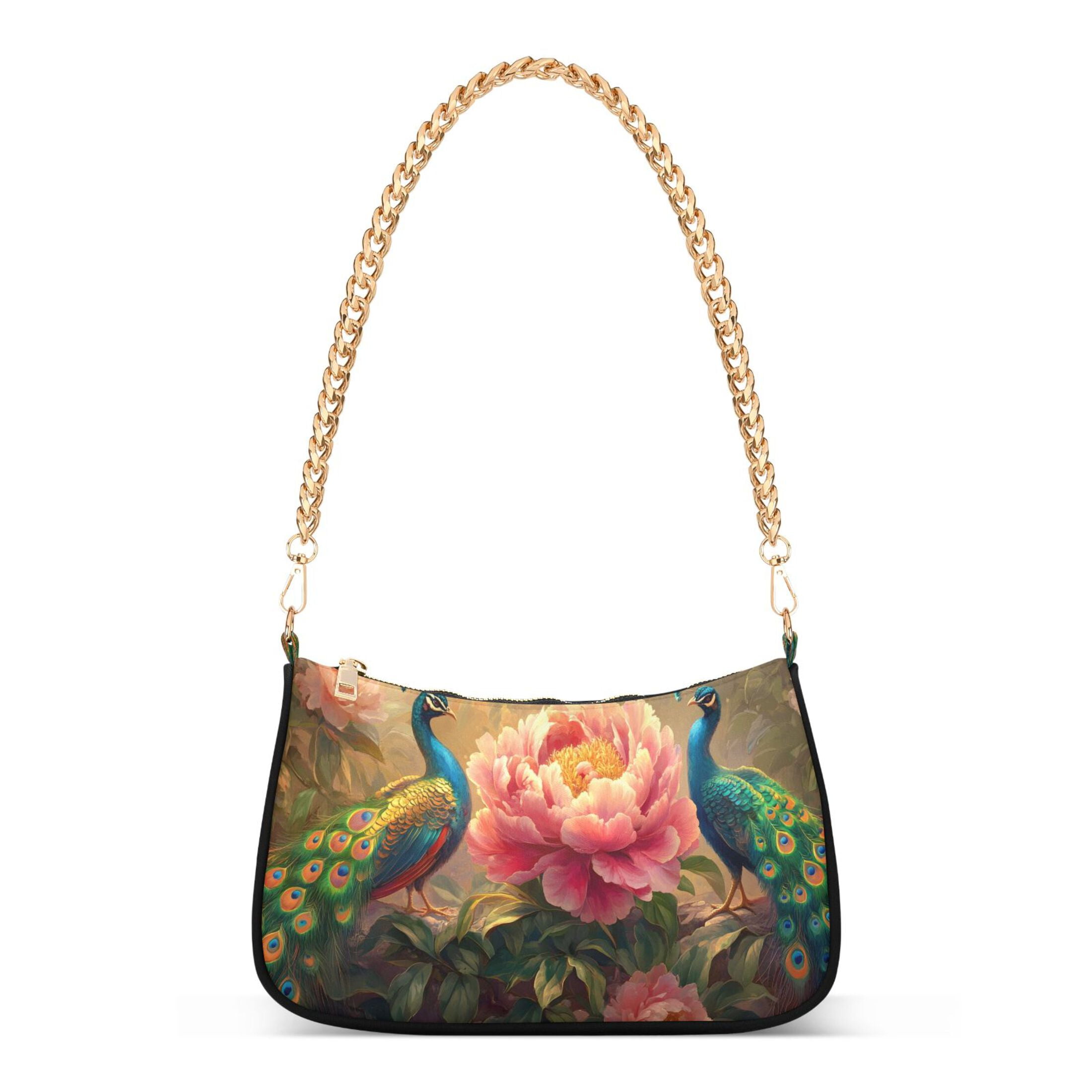 Ryvnso Peacocks Peony Flower Womens Chain Shoulder Bag Tote Handbags Clutch Hobo Purse with Zipper for Travel