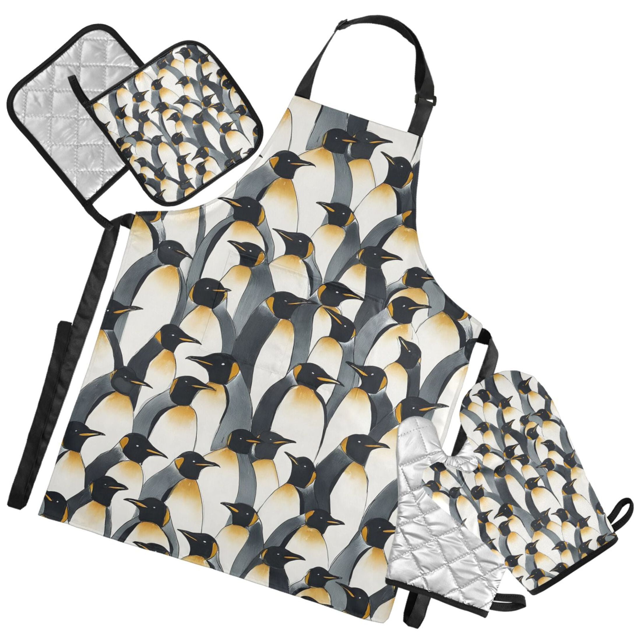 Ryvnso Penguins Pattern Kitchen Apron Oven Mitts Set Pot Holders