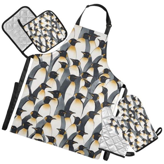 Ryvnso Penguins Pattern Kitchen Apron Oven Mitts Set Pot Holders