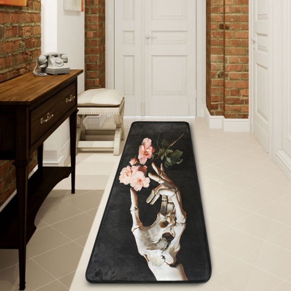 Ryvnso Peony Flower on Skull Hand Hallway Runner Rugs Floor Carpet Non Slip Entryway Mat 2' x 6'
