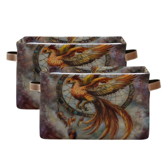 Ryvnso Phoenix with Retro Feather Storage Basket Large Bin Foldable Boxes Toys Organizer 14.2x10.2x8.3in 2 PCs