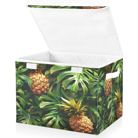 Ryvnso Pineapple Tropical Palm Leaves Large Lidded Foldable Storage Baskets Cubes Boxes Lids Bin for Home