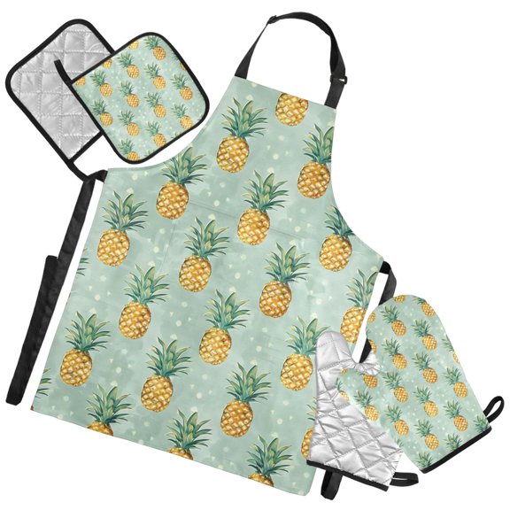 Ryvnso Pineapples Summer Kitchen Apron Oven Mitts Set Pot Holders