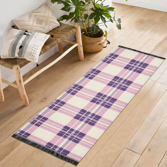 Ryvnso Pink Checkered Grid Pattern Bedroom Runner Rug 2'x6' Hallway Area Carpet Non Slip Entryway Mat with Tassels