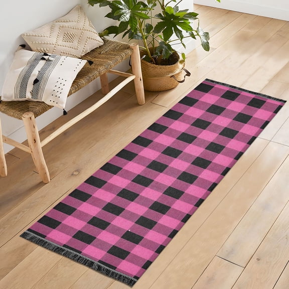 Ryvnso Pink Checkered Grid Pattern Bedroom Runner Rug 2'x6' Hallway Area Carpet Non Slip Entryway Mat with Tassels