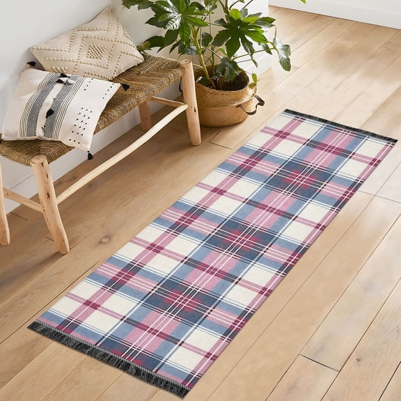 Ryvnso Pink Checkered Grid Pattern Bedroom Runner Rug 2'x6' Hallway Area Carpet Non Slip Entryway Mat with Tassels