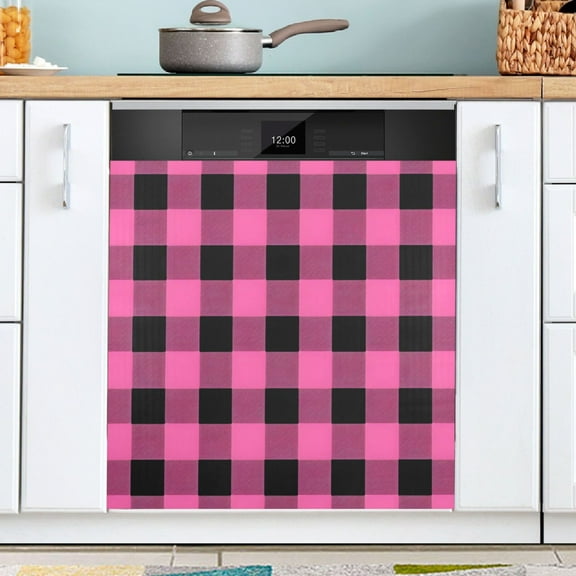 Ryvnso Pink Checkered Grid Pattern Dishwasher Magnetic Refrigerator Magnet Cover Kitchen Home Decorative 23"x26"