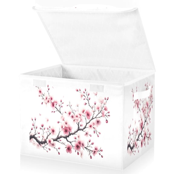 Ryvnso Pink Cherry Branch Large Lidded Foldable Storage Baskets Cubes Boxes Lids Bin for Home