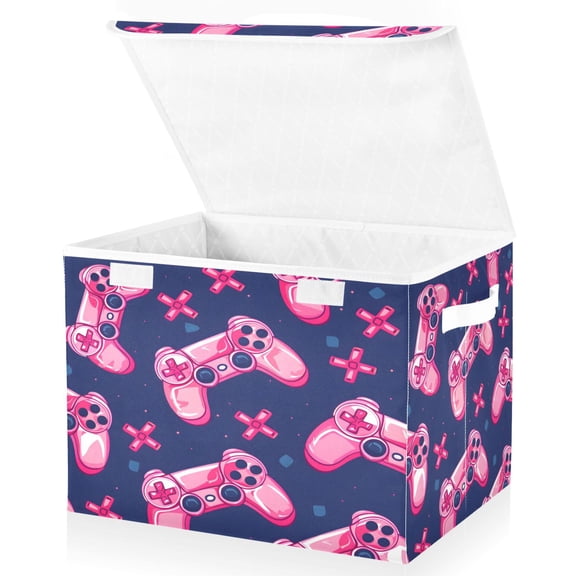 Ryvnso Pink Handle Large Lidded Foldable Storage Baskets Cubes Boxes Lids Bin for Home