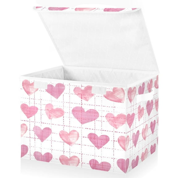 Ryvnso Pink Hearts Checkered Pattern Large Lidded Foldable Storage Baskets Cubes Boxes Lids Bin for Home
