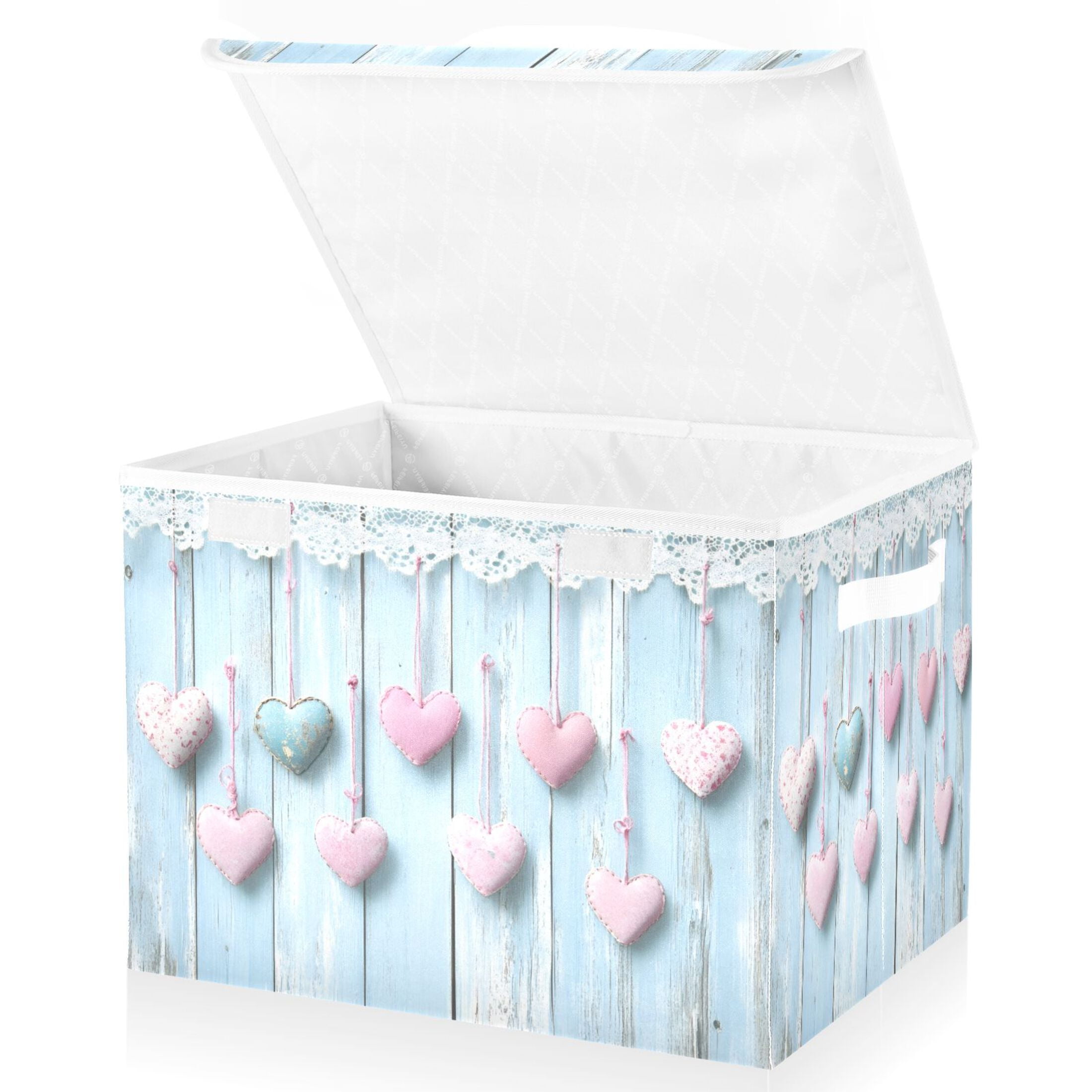 Ryvnso Pink Hearts Wooden Large Lidded Foldable Storage Baskets Cubes Boxes Lids Bin for Home