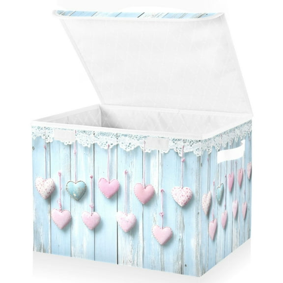Ryvnso Pink Hearts Wooden Large Lidded Foldable Storage Baskets Cubes Boxes Lids Bin for Home
