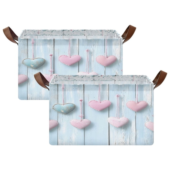Ryvnso Pink Hearts Wooden Storage Bins Large Basket Foldable Cube Toys Organizer with Handles 2 PCs