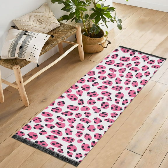 Ryvnso Pink Leopard Print Bedroom Runner Rug 2'x6' Hallway Area Carpet Non Slip Entryway Mat with Tassels