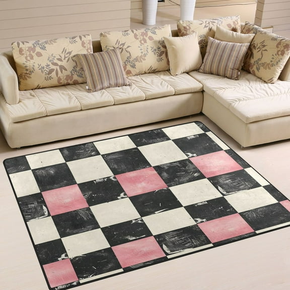 Ryvnso Pink and Black Checkered Pattern Area Floor Rugs Soft Non-Slip Large Mats Nursery Carpets 63" x 48"