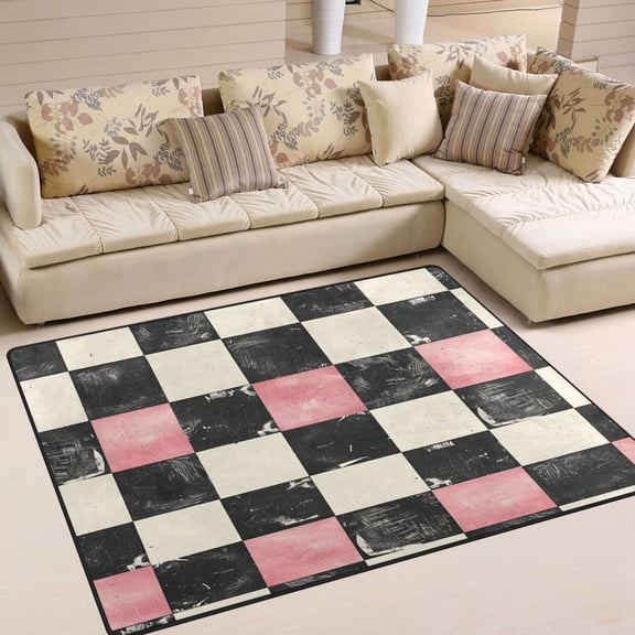 Ryvnso Pink and Black Checkered Pattern Area Floor Rugs Soft Non-Slip Large Mats Nursery Carpets 80" x 58"