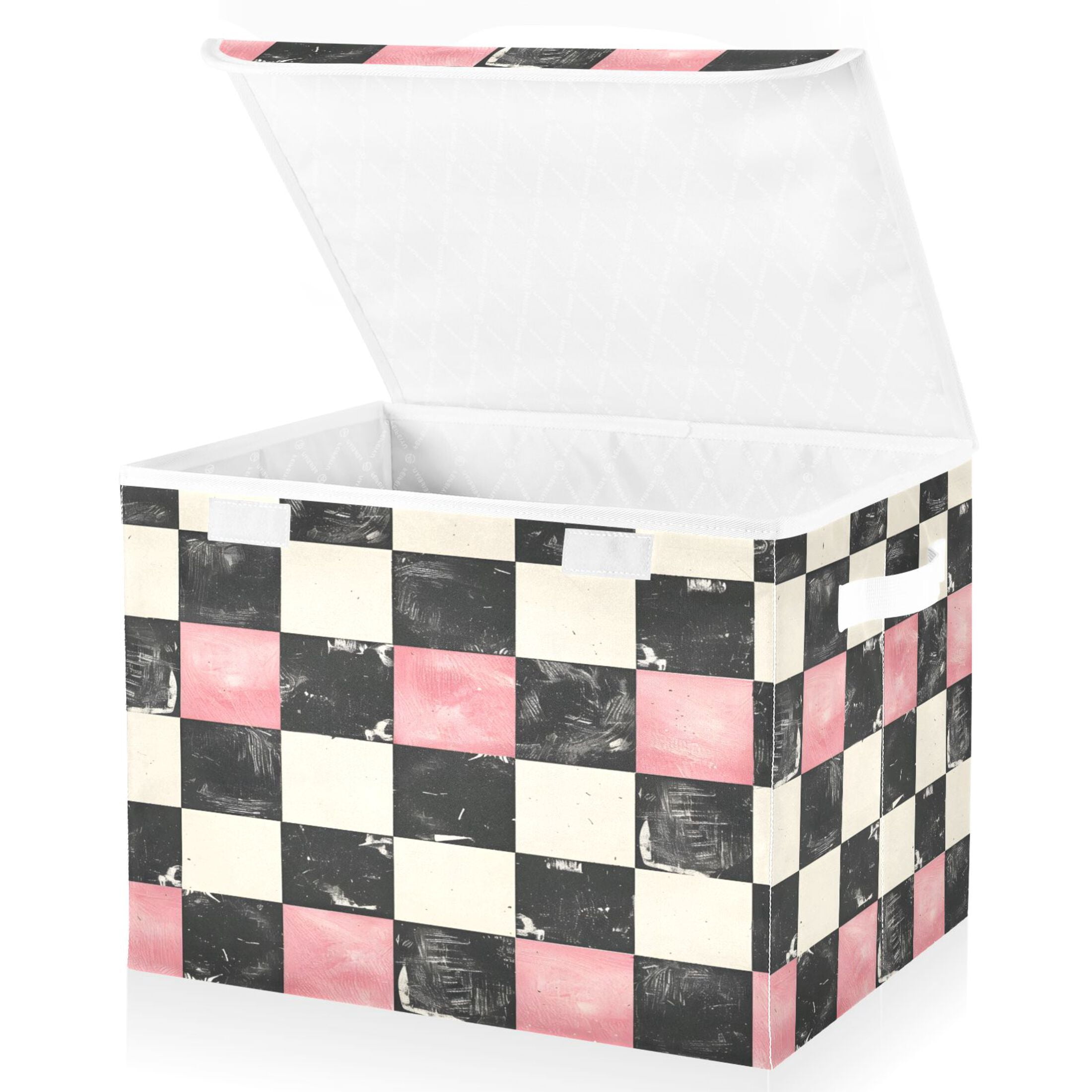 Ryvnso Pink and Black Checkered Pattern Large Lidded Foldable Storage Baskets Cubes Boxes Lids Bin for Home