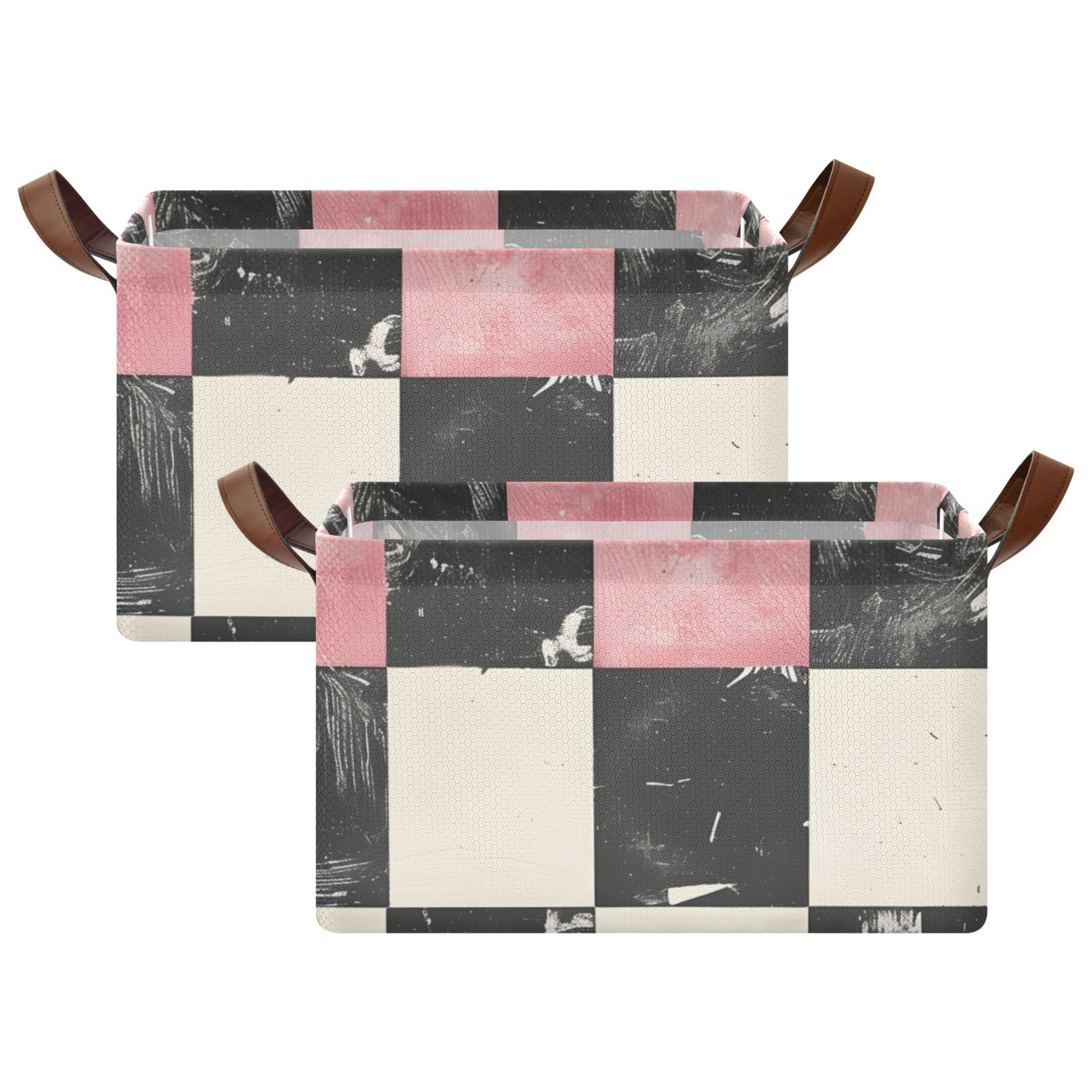 Ryvnso Pink and Black Checkered Pattern Storage Bins Large Basket Foldable Cube Toys Organizer with Handles 2 PCs
