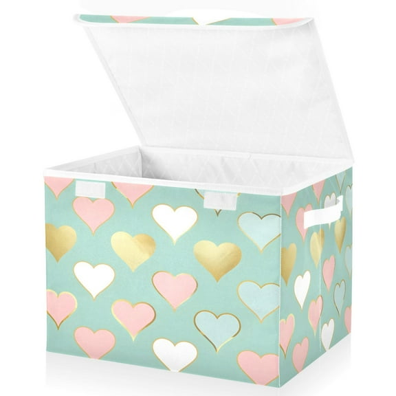 Ryvnso Pink and Gold Love Heart Large Lidded Foldable Storage Baskets Cubes Boxes Lids Bin for Home