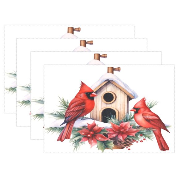 Ryvnso Placemats Set of 4 Cardinal Poinsettia Flower Dining Mats Heat-Resistant Non-Slip Washable Table Mat
