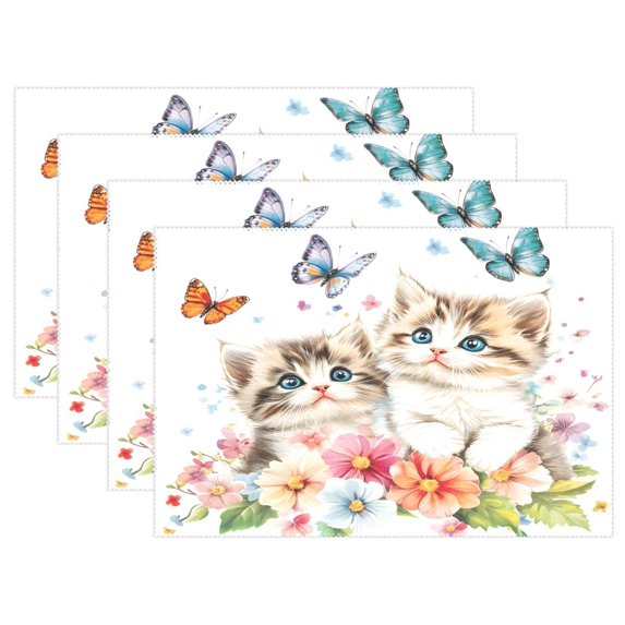 Ryvnso Placemats Set of 4 Cats Flower Butterfly Dining Mats Heat-Resistant Non-Slip Washable Table Mat