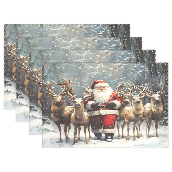 Ryvnso Placemats Set of 4 Christmas Santa Claus and Deers Dining Mats Heat-Resistant Non-Slip Washable Table Mat
