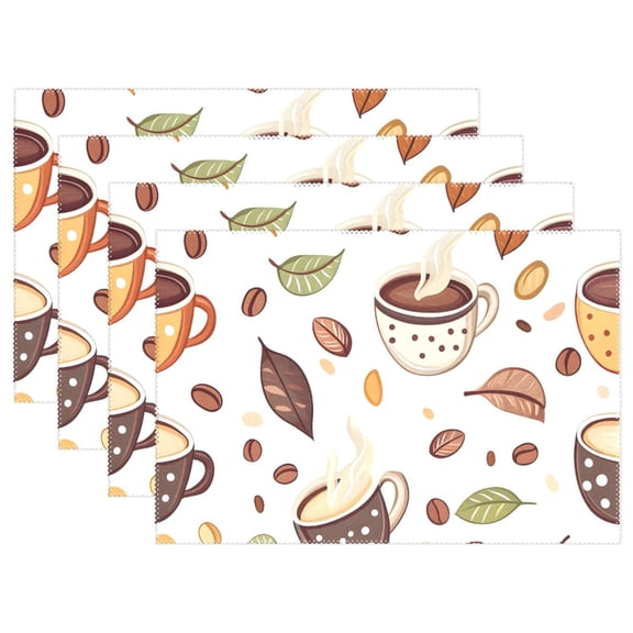 Ryvnso Placemats Set of 4 Coffee Beans Cups Leaves Dining Mats Heat-Resistant Non-Slip Washable Table Mat