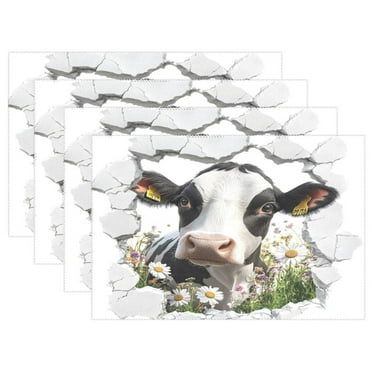 Ryvnso Placemats Set of 4 Cow in Wall Dining Mats Heat-Resistant Non-Slip Washable Table Mat