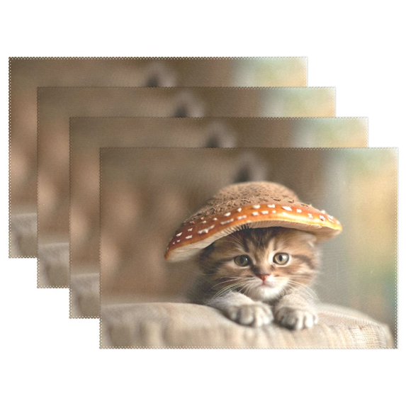 Ryvnso Placemats Set of 4 Cute Cat with Mushroom Hat Dining Mats Heat-Resistant Non-Slip Washable Table Mat