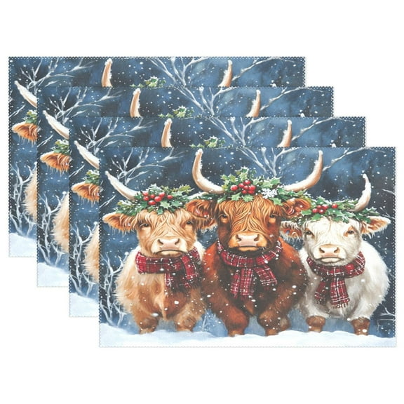 Ryvnso Placemats Set of 4 Highland Cattle Dining Mats Heat-Resistant Non-Slip Washable Table Mat