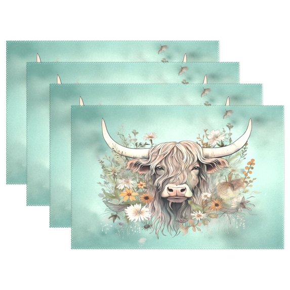 Ryvnso Placemats Set of 4 Highland Cattle Floral Dining Mats Heat-Resistant Non-Slip Washable Table Mat
