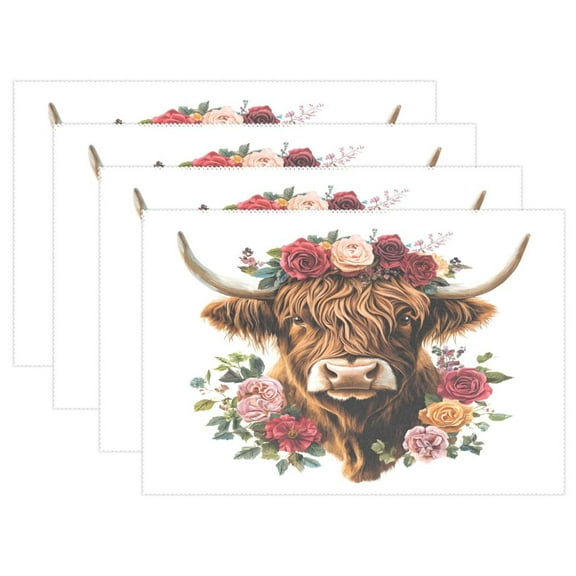 Ryvnso Placemats Set of 4 Highland Cattle Flower Dining Mats Heat-Resistant Non-Slip Washable Table Mat