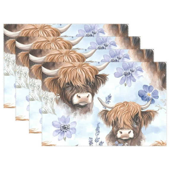 Ryvnso Placemats Set of 4 Highland Cattle Flower-w6 Dining Mats Heat-Resistant Non-Slip Washable Table Mat