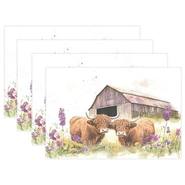 Ryvnso Placemats Set of 4 Highland Cattle in Lavenders Dining Mats Heat-Resistant Non-Slip Washable Table Mat