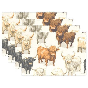 Ryvnso Placemats Set of 4 Highland Cows Dining Mats Heat-Resistant Non-Slip Washable Table Mat