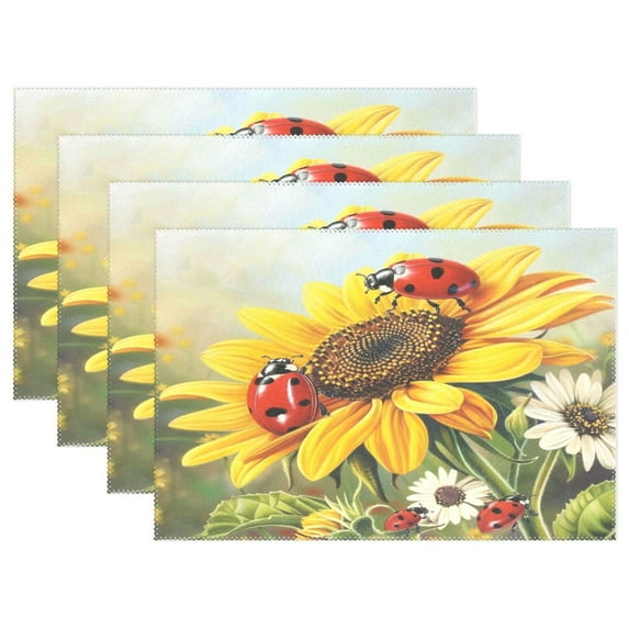 Ryvnso Placemats Set of 4 Ladybugs on Sunflowers Daisy Dining Mats Heat-Resistant Non-Slip Washable Table Mat