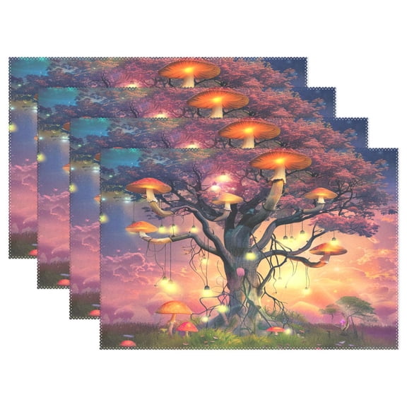 Ryvnso Placemats Set of 4 Mushroom on Magic Tree Dining Mats Heat-Resistant Non-Slip Washable Table Mat