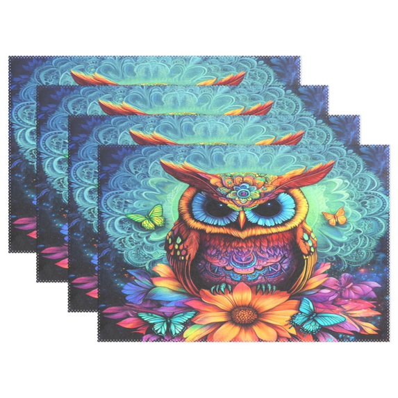 Ryvnso Placemats Set of 4 Owl Mandala Flower Dining Mats Heat-Resistant Non-Slip Washable Table Mat