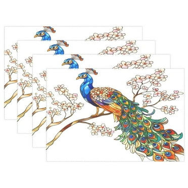 Ryvnso Placemats Set of 4 Peacock on Branch Dining Mats Heat-Resistant Non-Slip Washable Table Mat
